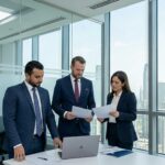 Three professionals in navy suits review documents around a laptop in a glass-walled conference room with a city skyline outside.