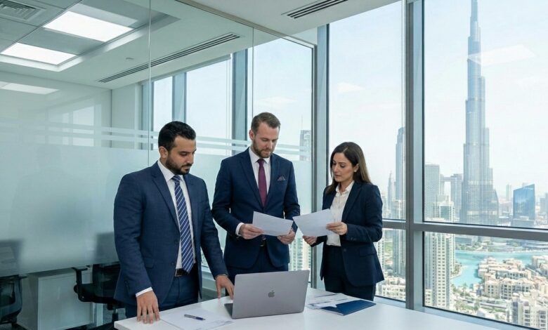 Three professionals in navy suits review documents around a laptop in a glass-walled conference room with a city skyline outside.