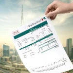 Hand holding a commercial license document over a city skyline background